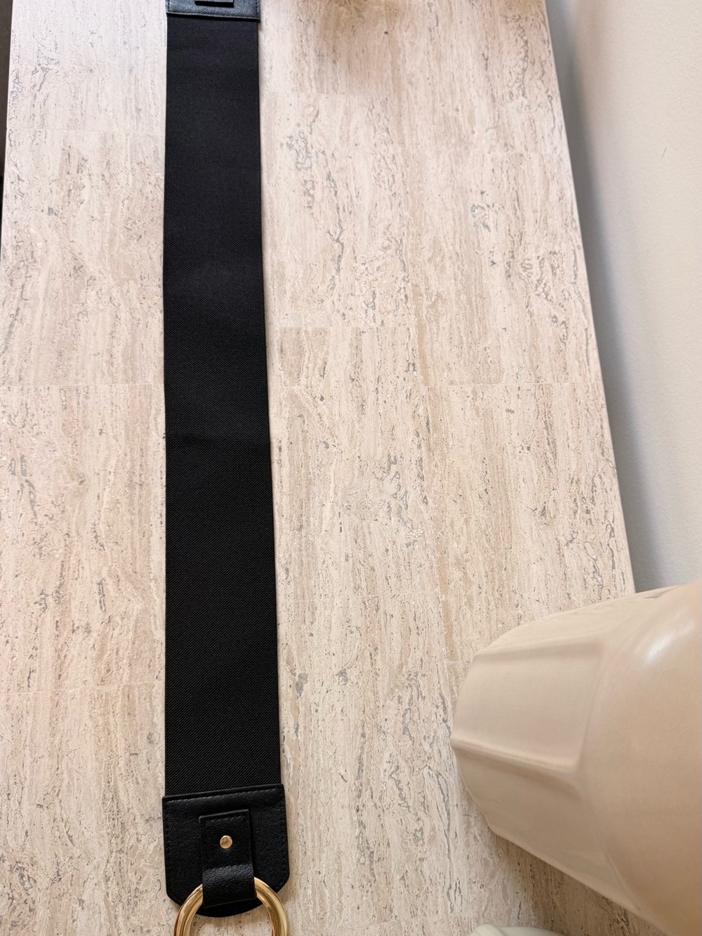 Vince Camuto Black Elastic Belt with Gold Ring Hardware - Picture 3 of 7